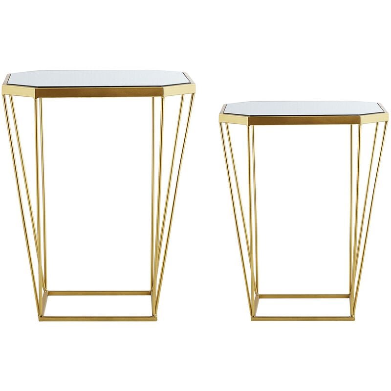 Set of 2 Tables Modern Gold Mirror Tabletop Geometric Metal Sierra