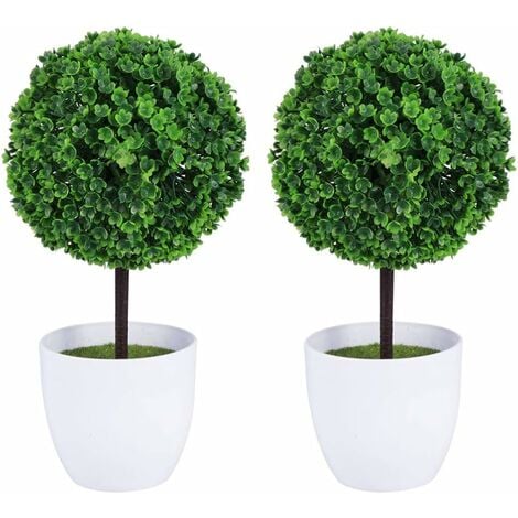 Set of 2 small artificial flower pots in the shape of a topiary, in white ceramic