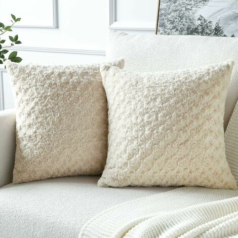 Set of 2 Soft Rabbit Fur Cushion Cover Double Sided Rose Bush Pillow Case for Home Living Room Sofa Bedroom Decoration (Beige, 45x45cm)