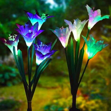 Set of 2 Solar Garden Lights 7 Color Changing Outdoor Bigger Flowers and Wider Solar Panel for Garden Patio, Pathway Party Holiday Decoration (Lil)