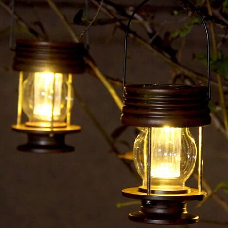 main image of "Set of 2 Solar Hanging Lanterns - Vintage LED Solar Lights with Handle for Driveway, Yard, Patio, Tree, Beach, Pavilion (Warm Light)"