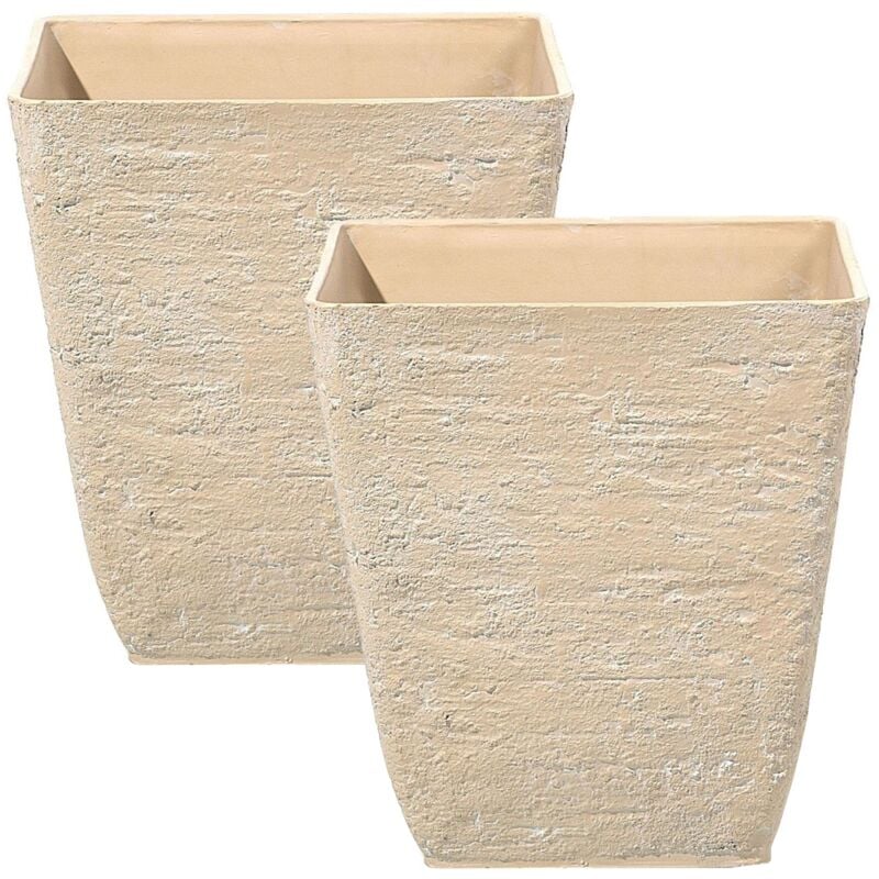 Set of 2 Square Outdoor Planter Pots Stone Raw 39x43 cm Beige Delos