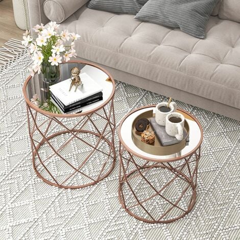 Set of 2 Stackable Round End Table Modern Space Saving Side Table W/Mirrored Top