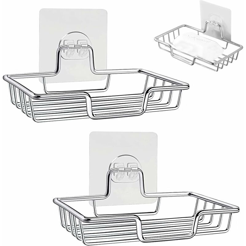 Set of 2 Stainless Steel No Drilling Soap Dishes - Self Adhesive Wall Mount for Bathroom Shower Sink Kitchen