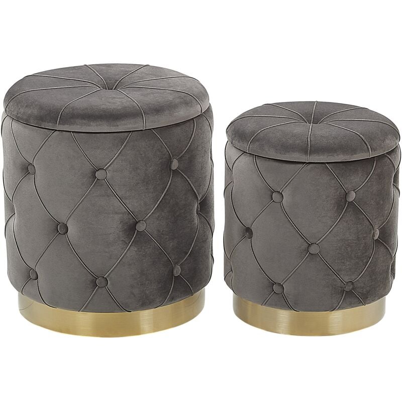 Retro Glam Set of 2 Storage Pouffes Velvet Tufted Upholstery Grey Pueblo