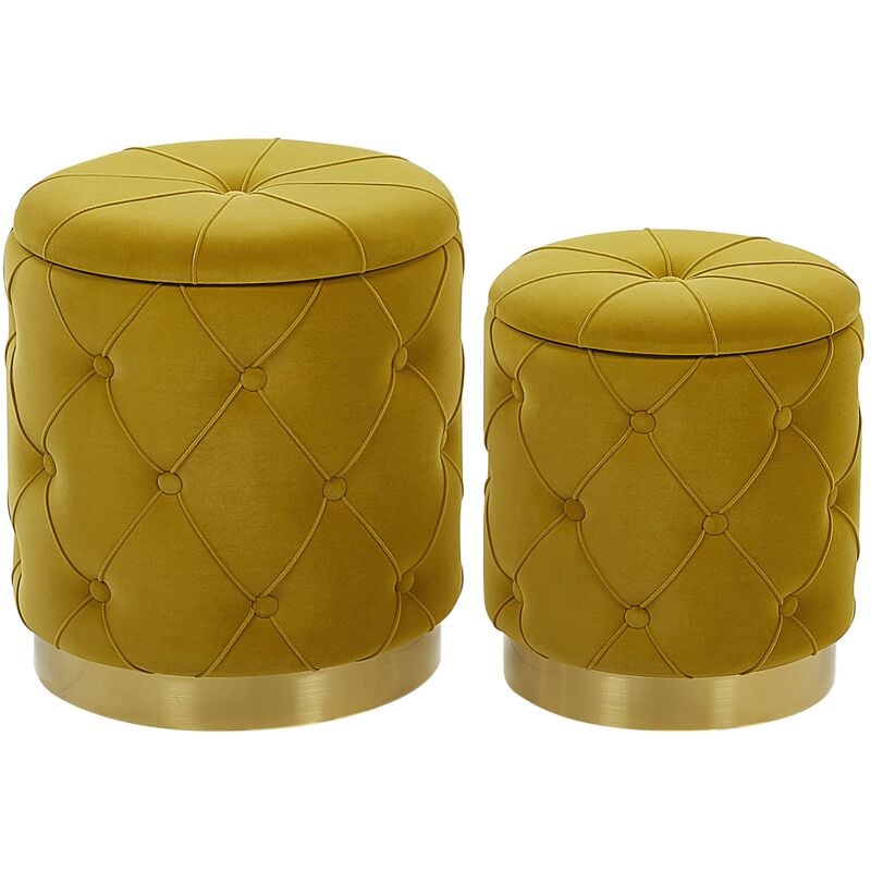 Retro Glam Set of 2 Storage Pouffes Velvet Tufted Upholstery Mustard Pueblo