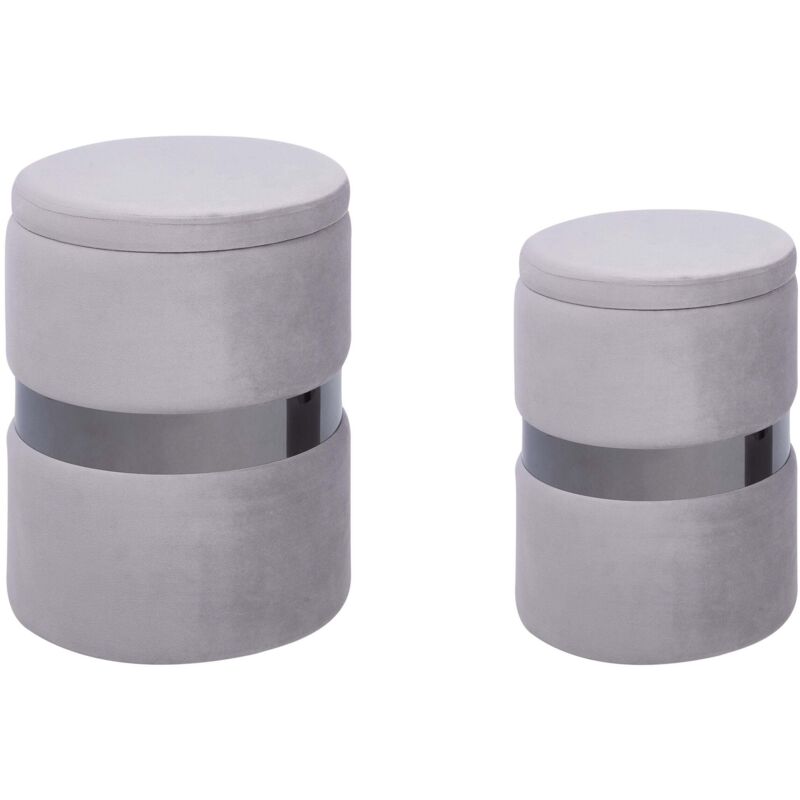 Beliani - Set Of 2 Storage Pouffes Velvet Footstools Metal Band Detail Light Grey Doris
