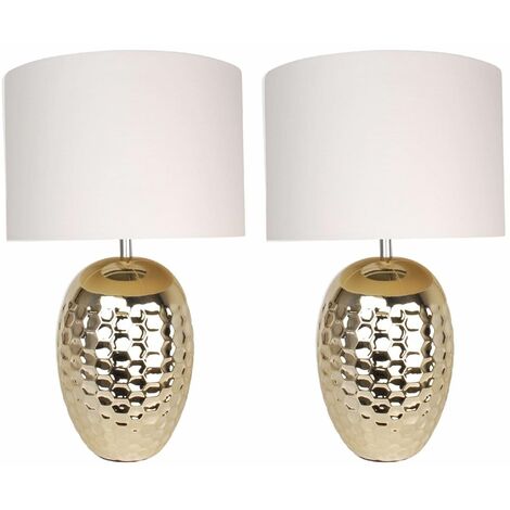 main image of "PAIR CERAMIC BEDSIDE TABLE LIGHT PALE GOLD FINISH WHITE or BLACK FABRIC SHADE"