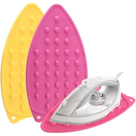 Set of 2 thick, heat-resistant silicone resting mats for ironing boards, portable rubber stand with wall hole (pink + yellow)