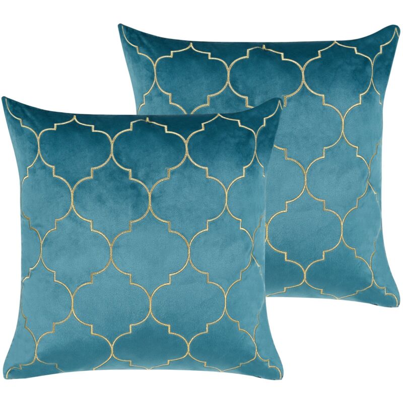 Beliani Set Of 2 Decorative Cushions Alyssum Velvet 45 X 45 Cm Blue Trellis Pattern