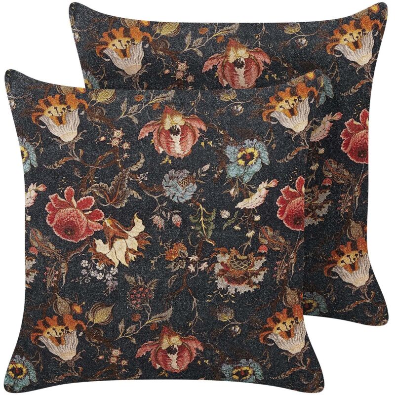 Beliani Set Of 2 Decorative Cushions Ramonda Velvet 45 X 45 Cm Multicolour Floral Pattern