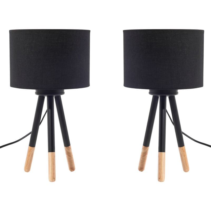 Beliani - Set of 2 Modern Scandinavian Tripod Wooden Table Lamps Black Fabric Shade Tobol