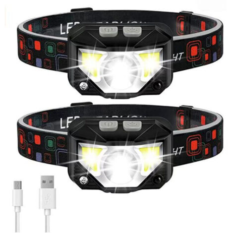 Set of 2 ultra-powerful LED headlamps, USB rechargeable, with motion sensor, lightweight and waterproof, 14 modes for running, camping and fishing