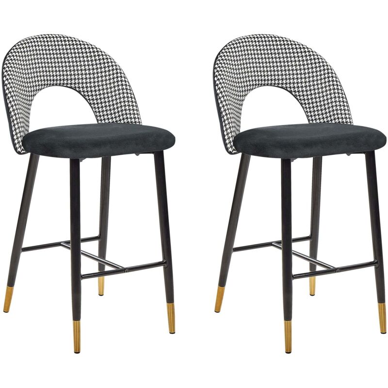 Beliani - Retro Set Of 2 Velvet Bar Chairs Black And White Black Steel Legs Golden Details Falton