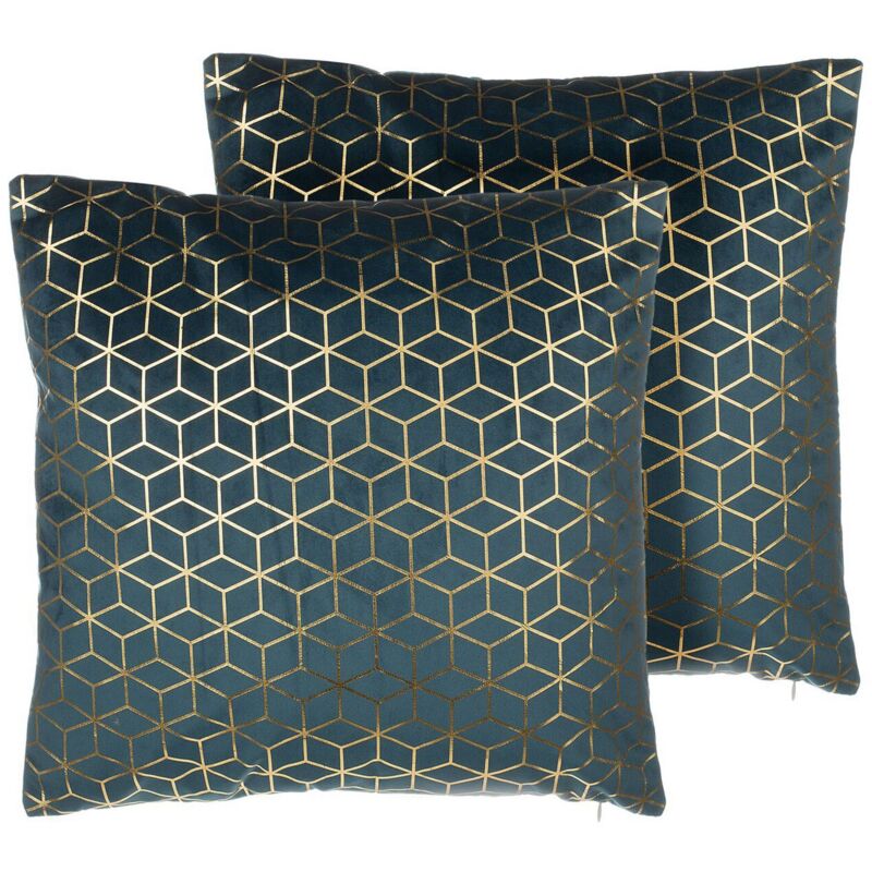 Beliani Set Of 2 Decorative Cushions Celosia Velvet 45 X 45 Cm Teal Geometric Pattern