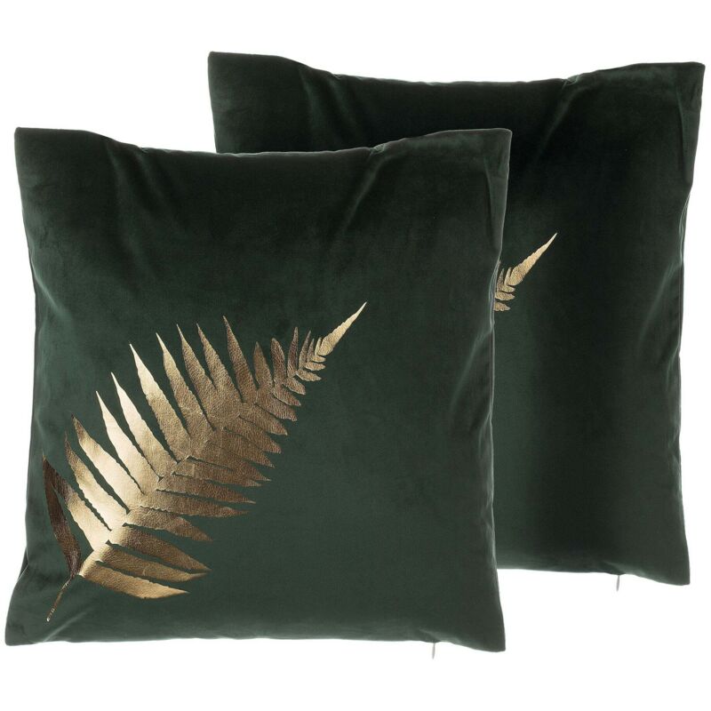 Beliani - Set Of 2 Decorative Accent Pillows Green Velvet Gold Leaf Design 45 X 45 Cm Fern