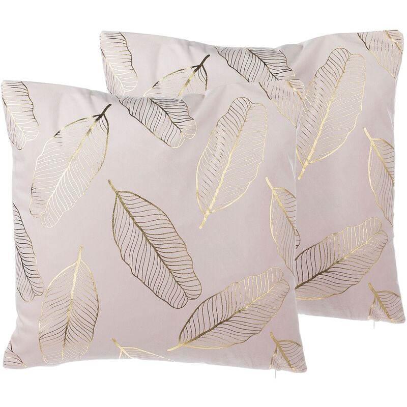 Beliani - Set of 2 Decorative Pillows Velvet Effect Fabric Leaf Pattern 45x45cm Pink Fressia