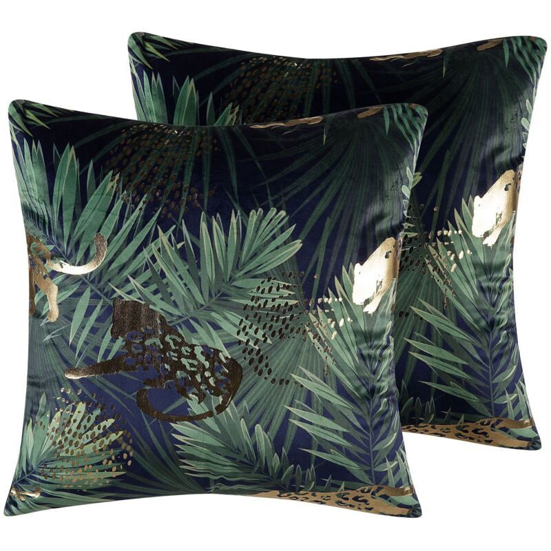 Beliani - Set Of 2 Decorative Velvet Toss Pillows Green Palm Leaf Animal Pattern Bellrose