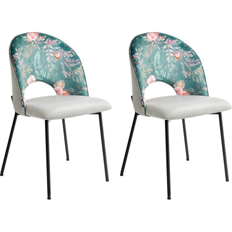 Set of 2 Green Velvet Dining Chairs Retro Glam Floral Pattern Black Legs Covelo