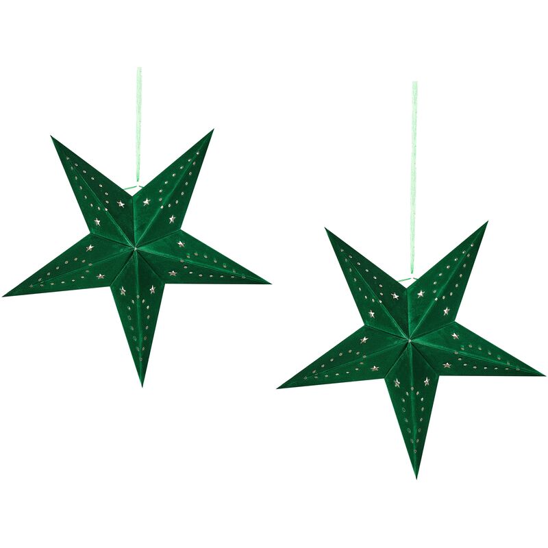 Set of 2 Velvet Paper led Stars Hanging Christmas Decor 45 cm Green Motti - Green