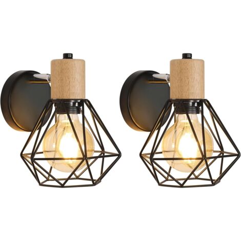 Set of 2 Vintage Industrial Wall Sconces, 360° Adjustable Wooden Wall Lamp, E27 Metal and Iron Cage Wall Light Fixtures for Bedroom Hallway Living Room Max 60W, Black