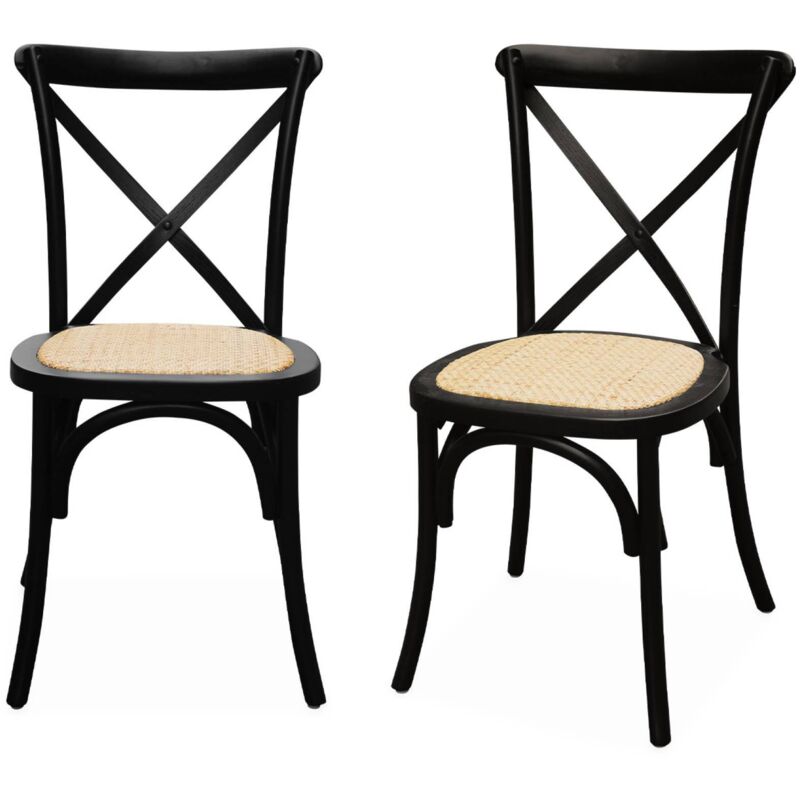 Sweeek Set Of 2 Vintage Bistro Chairs, Black Rubberwood, Rattan Seat, Stackable, Belleville