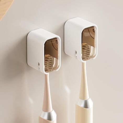 Set of 2 Wall-Mounted Toothbrush Holders for Bathroom, Sturdy Stickers with Lids, Toothbrush Head Organizer for the Family, Brown