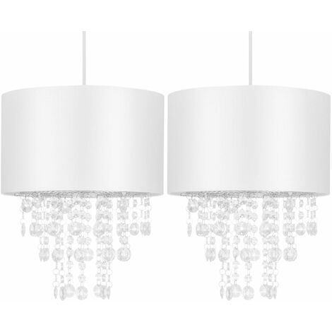 Set of 2 White Jewelled Easy Fit Light Shades - White cotton with clear acrylic detail