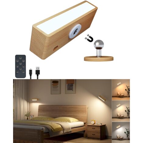 Set Of 2 Wooden Rechargeable Wireless Wall Lamp Touch Dimmable 360° Rotation No Drilling For Bedroom