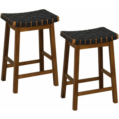 Set of 2 Woven Saddle Stools Faux PU Leather Counter Height Stools 65cm Barstool