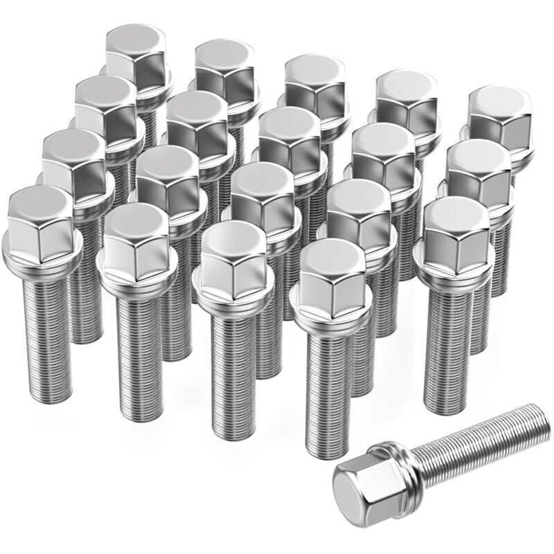 Set of 20 R13 spherical seat alloy wheel bolts, extended wheel bolts for wheel spacer M14x1.5, 45 mm thread, 17 mm hex. Replacement bolt kit for