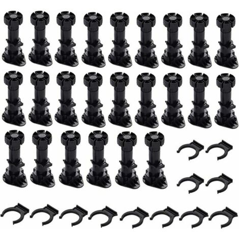 Set of 24 Adjustable Black Thick Plastic Furniture Feet with Fixing Clip for Kitchen or Bathroom Furniture, Wardrobe and Sofa (120-150mm)