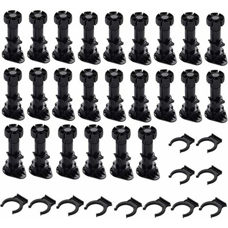 Set of 24 Black Thick Plastic Adjustable Furniture Legs with Fixing Clip for Kitchen or Bathroom Furniture, Cabinet and Sofa (120-150mm), (HjjnmoY026)