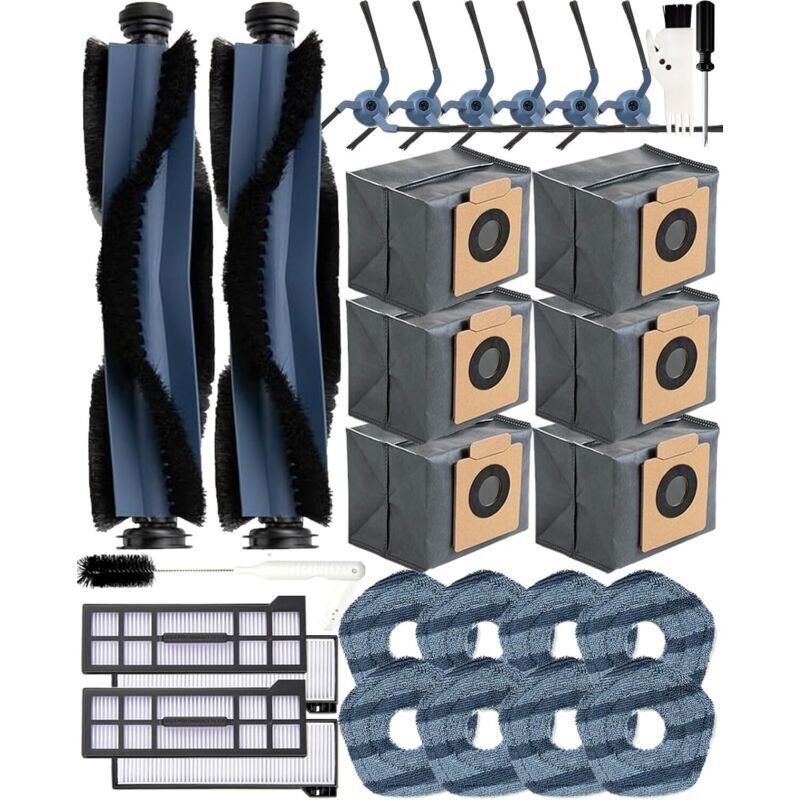 Set of 29 accessories for the Eufy X10 Pro Omni robot vacuum cleaner: 2 roller brushes, 6 side brushes, 6 vacuum bags (activated carbon), 4 HEPA