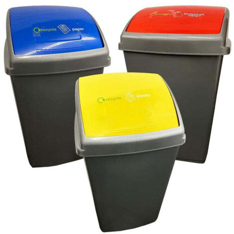 Set Of 3 50L Large Grey Home Office Commercial Plastic Recycling Bins With Colour Coded Swing Lids
