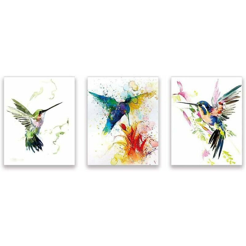 Set of 3 Abstract Watercolor Bird Poster–Hummingbird And Flowers Art Prints–Colorful Animals Art Posters–Modern Canvas Wall Painting Hummingbird