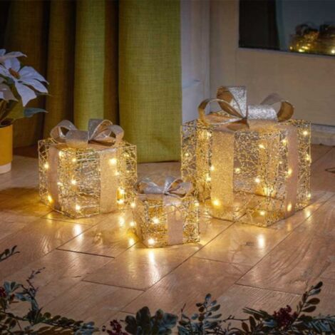 Set of 3 Battery Operated Light up Gold Weave Christmas Gift Boxes with LEDs