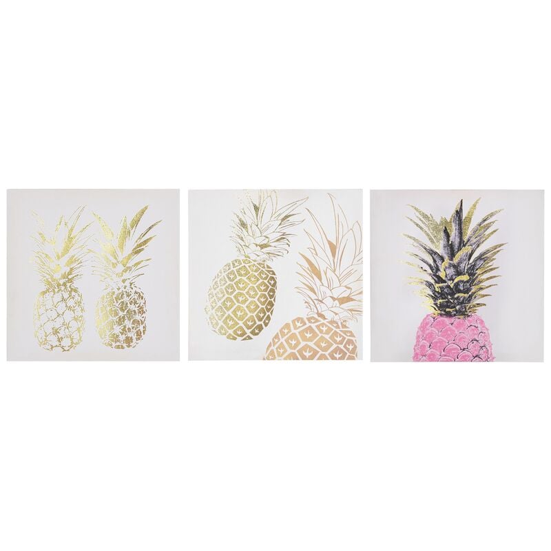 Beliani - Set of 3 Canvas Prints Wall Art 30 x 30 cm Nylon Pineapple Gold and Pink Apesika