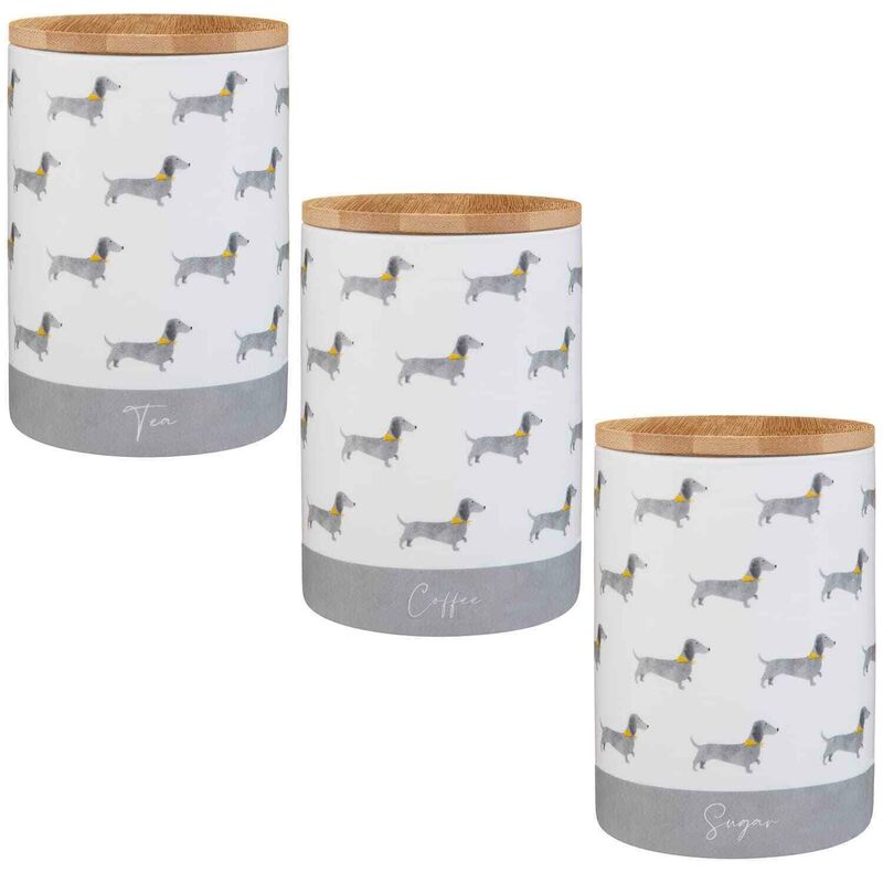 Set Of 3 Ceramic Tea Coffee Sugar Canisters Jars Sausage Dog Storage Jars Pots