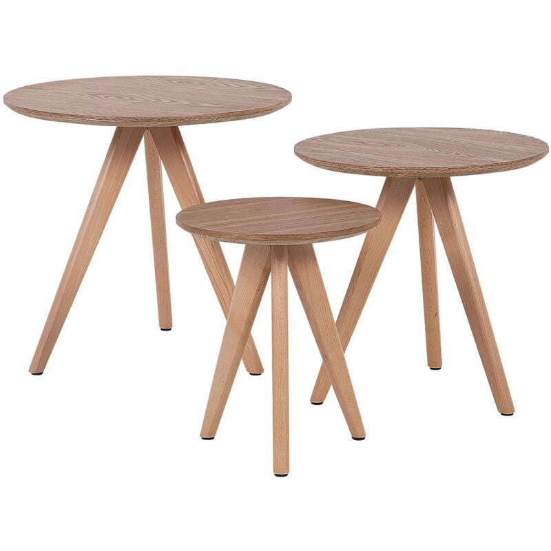 Modern 3 Piece Set Coffee Table Beech Wood Round Light Wood Effect Vegas