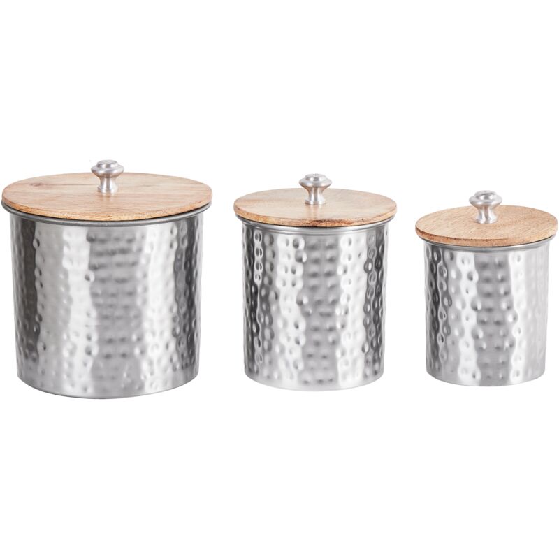 Set of 3 Decorative Containers Silver Aluminium Jars Dark Wood Lids Alexandria