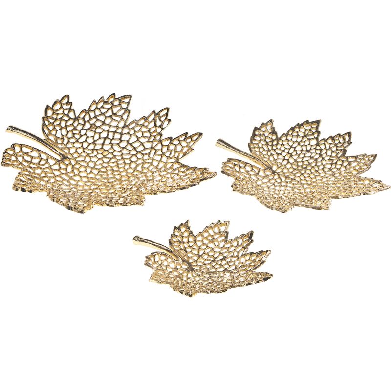 Set of 3 Decorative Tray Dishes Aluminium Maple Leaf Shape Gold Pemali