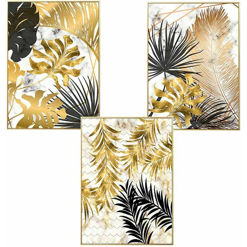 Set of 3 design wall posters with forest, gold leaf and palm motifs, without frame, wall decoration for the living room styleD