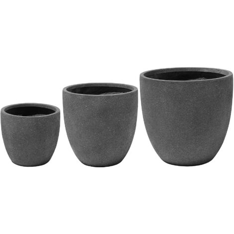 Set of 3 Flower Pots Dark Grey Plant Planter Clay Kannia - Grey