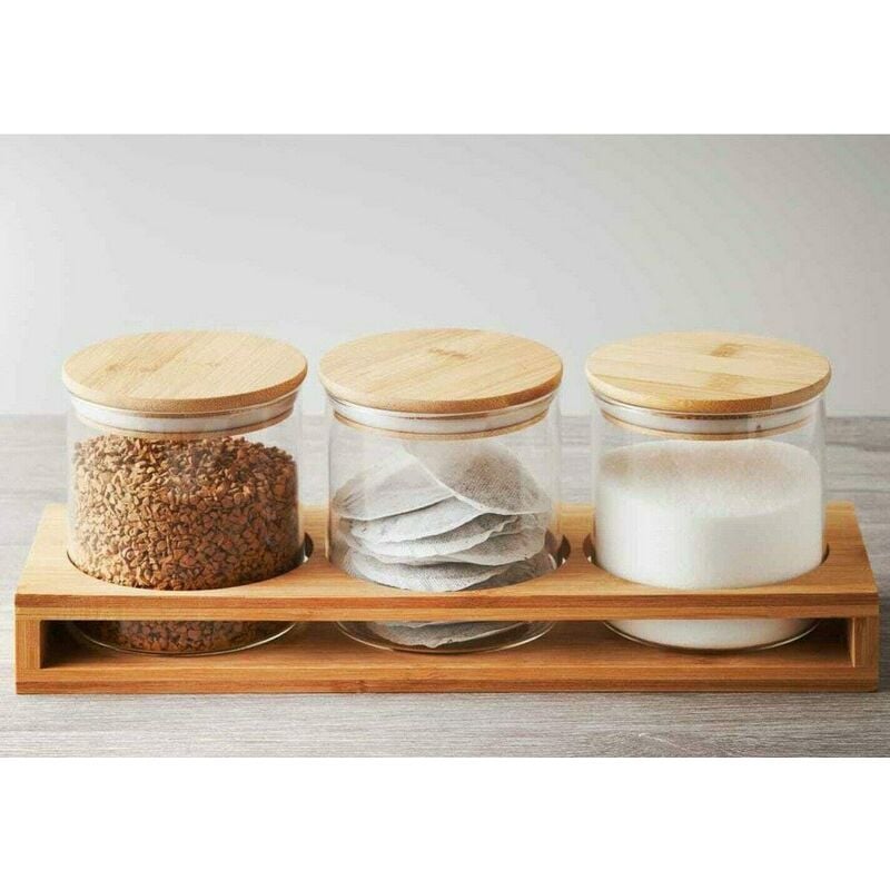 Set Of 3 Glass Tea Coffee Sugar Jars Canisters with Bamboo Stand Kitchen Storage