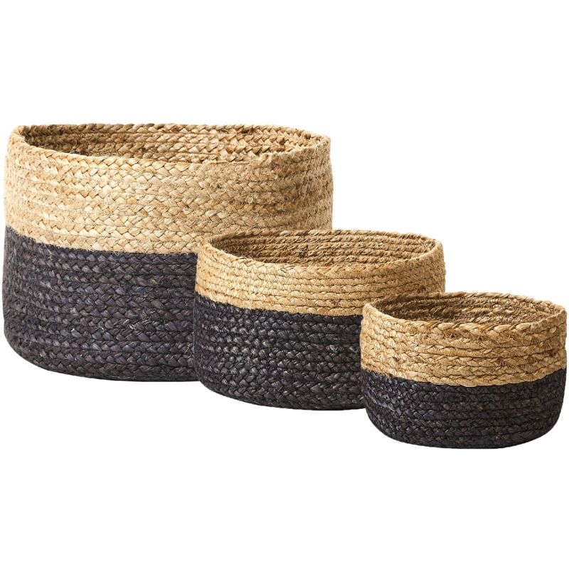 Set of 3 Jute Storage Boxes Laundry Basket Bin Accessory Natural Black Jabar