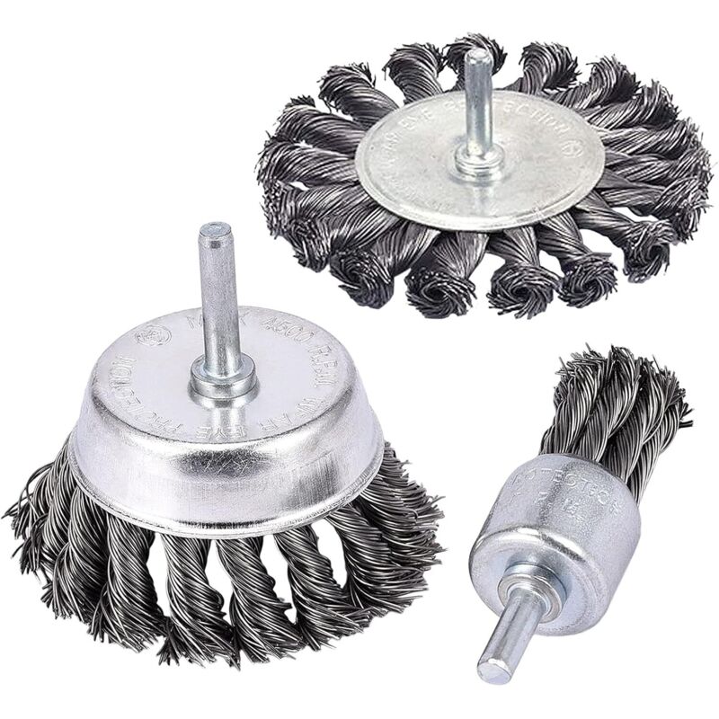 Ikodm - Set of 3 knotted wire brushes with 1/4' handles, 3' and 1' angled end brushes for rust removal
