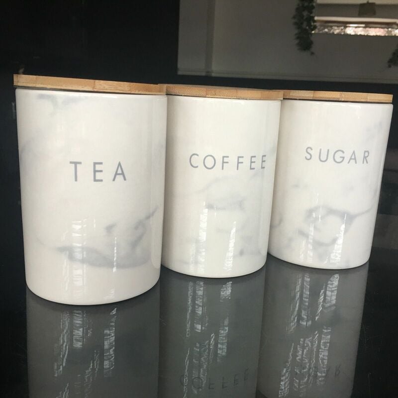 Set Of 3 Marble Effect Glossy Ceramic Tea Coffee Sugar Storage Jars Canisters