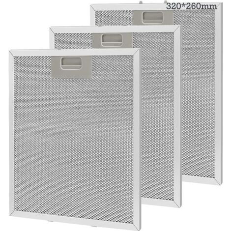 set of 3 metal grease filters, 320x260mm in size, made of aluminum, grease-resistant, washable, mesh, suitable as accessories for range hoods.