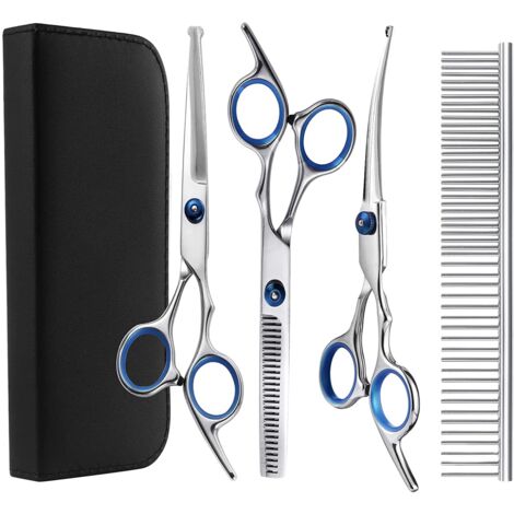 Set of 3 professional scissors and 1 comb for trimming animals, stainless steel, black leather kit